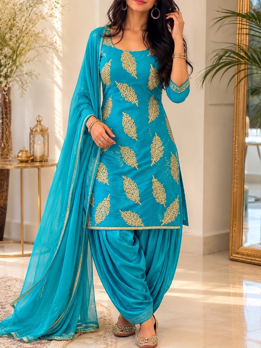 Teal Gold Embroidered Salwar Kameez Set